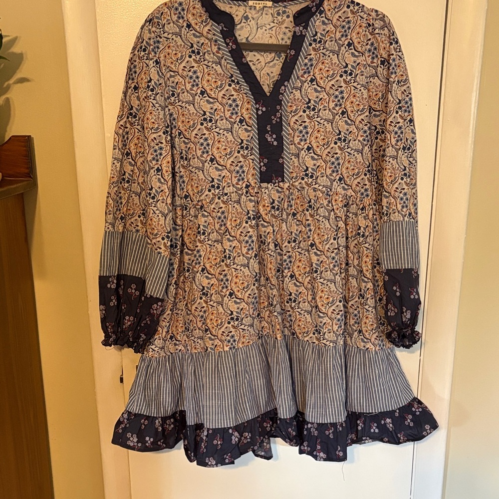 Jodifl Boho Floral Peasant Tunic dress - Navy & Cream